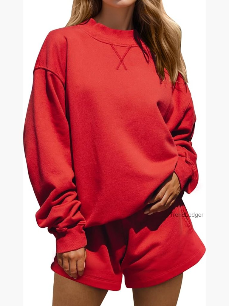 Women's 2 Piece Lounge Set Mock Neck Oversized Sweatshirt Sweat Shorts